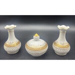 VTG Lefton Vanity Set 1752 White Hand Painted w/ Gold Trim Powder Vases/Bottles